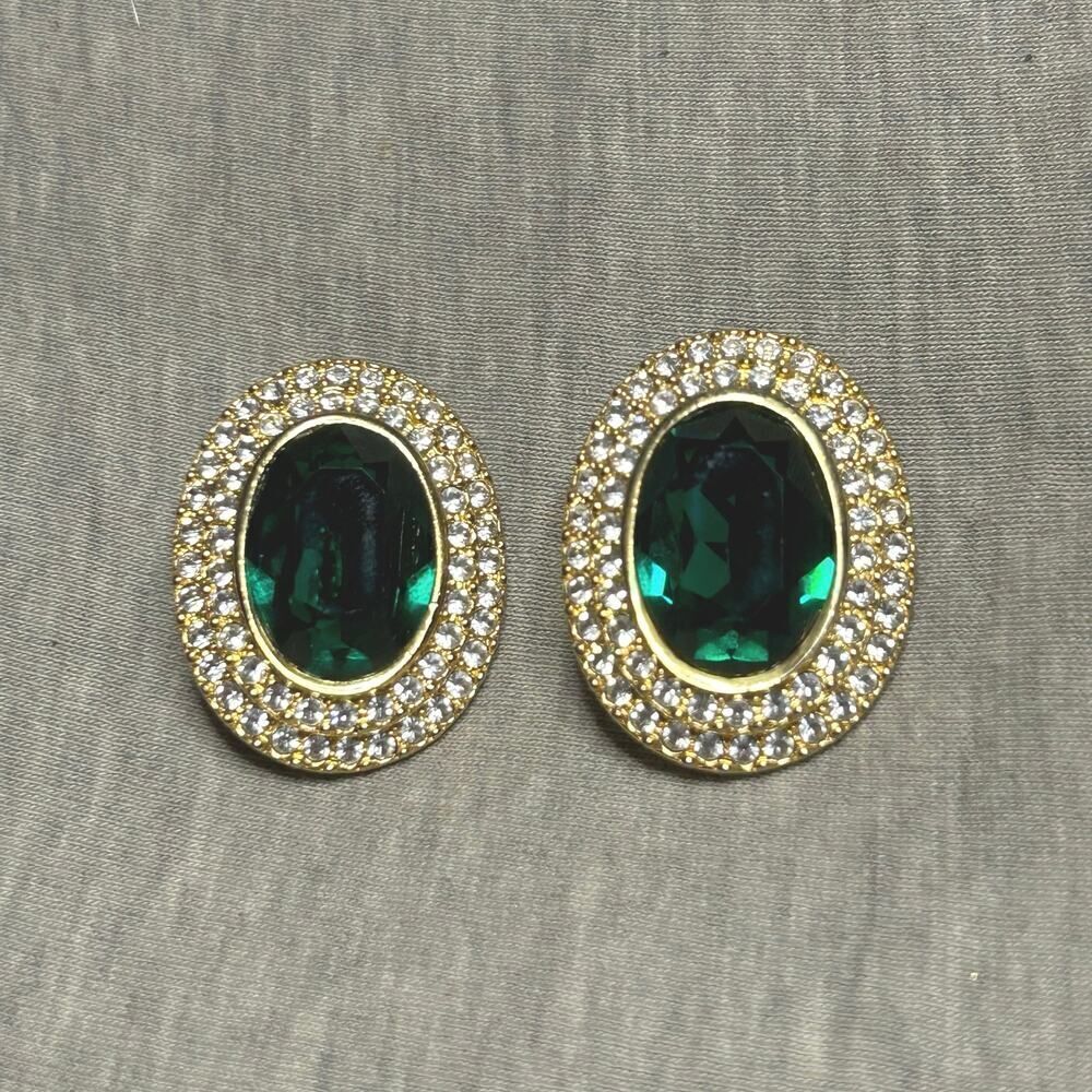 Vintage Green Glass & Rhinestone‎ Goldtone Clip On Statement Earrings